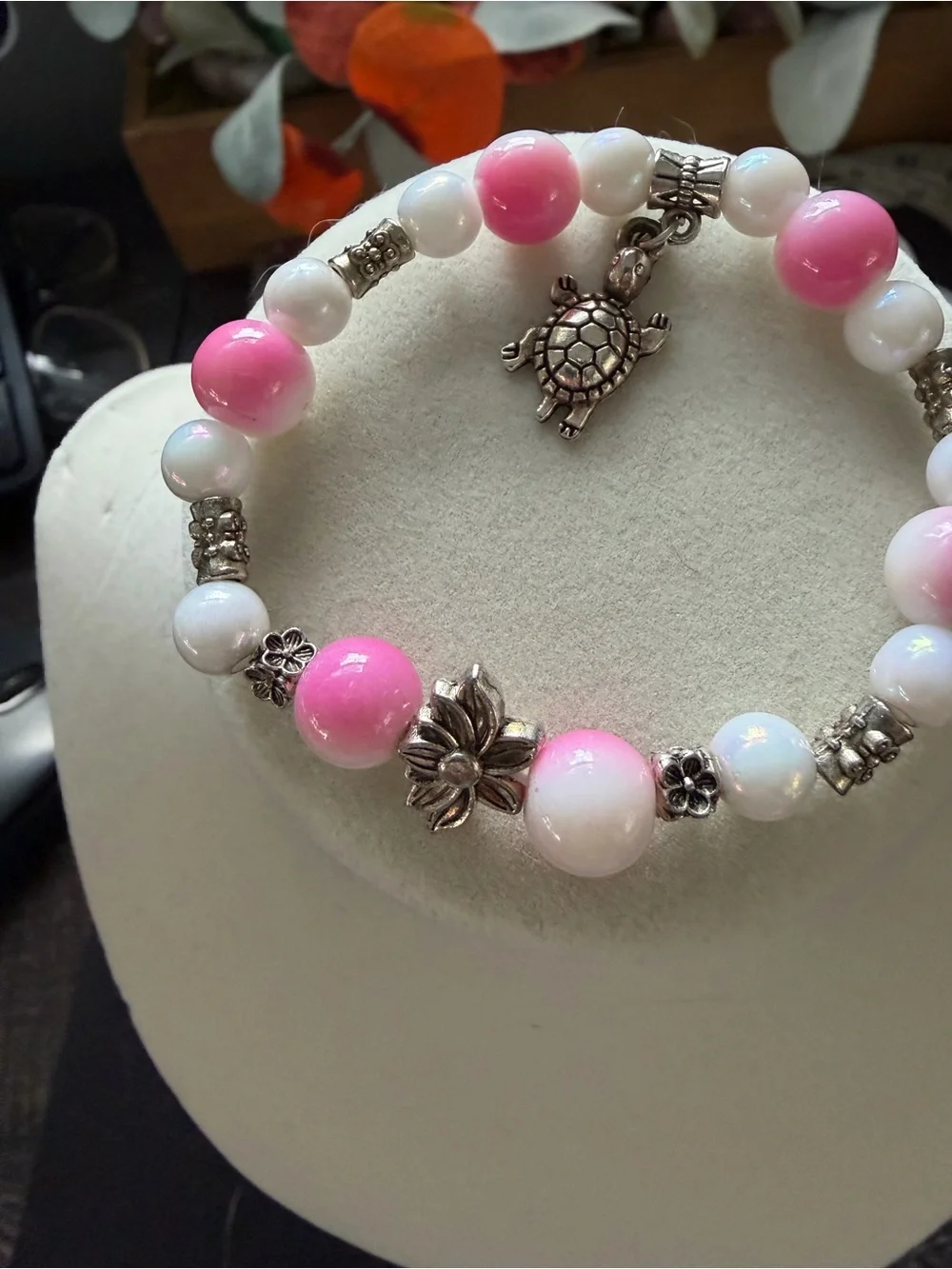 Handmade Pink & White Beaded Turtle Charm Bracelet